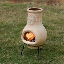 Vintiquewise Outdoor Clay Chiminea Sun Design Charcoal Burning Fire Pit With Metal Stand