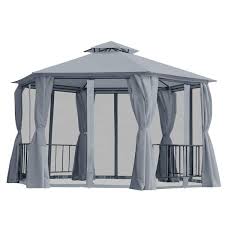 Outsunny 7 X 7 2 Level Hexagon Outdoor Patio Gazebo Canopy Pavilion With Removable Mesh Curtains Double Tiered Roof Grey