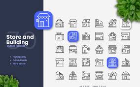 30 And Building Outline Icons Set