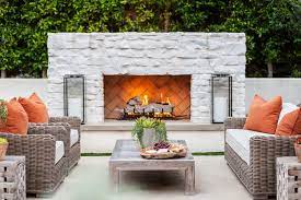 Backyard White Brick Fireplace With