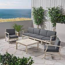 Perla Outdoor 7 Piece Acacia Wood 4 Seater Sofa And Club Chairs Set Light Gray And Dark Gray