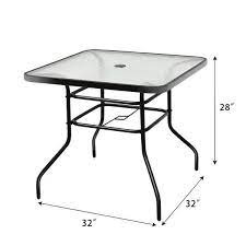 Alpulon 32 In Black Square Metal Outdoor Dining Table With Umbrella Hole And Tempered Glass Top