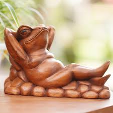 Hand Carved Suar Wood Frog Sculpture