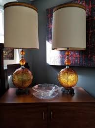 Pair Of Mid Century Amber Glass Lamps