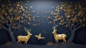 Golden Deer And Birds Among Trees In A