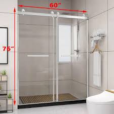 60 In W X 76 In H Freestanding Double Sliding Frameless Shower Door Enclosure In Brushed Nickel With Clear Glass