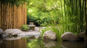 A Garden Pond With A Bamboo Fence And A