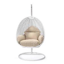 Leisuremod White Wicker Hanging Egg Swing Chair Taupe