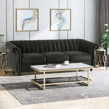 Noble House Kimmy Modern Glam 3 Seater Velvet Sofa Black