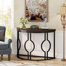 Turrella 43 In Brown Half Moon Wood Console Table For Entryway Industrial Semi Circle Sofa Table For Living Room
