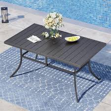 Black Rectangle Metal Patio Outdoor Dining Table With 1 57 In Umbrella Hole