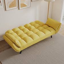 74 In Yellow Polyester Twin Size Sofa Bed With 2 Pillows