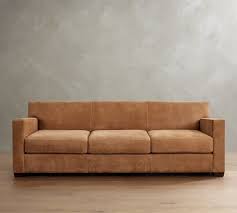 Turner Square Arm Leather Petite Sofa 93 5 2 Seater Down Blend Wrapped Cushions Nubuck Caramel Pottery Barn
