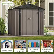 8 Ft W X 6 Ft D Outdoor Storage Brown Metal Shed With Sloping Roof A