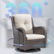 Joyside 3 Piece Wicker Swivel Outdoor Rocking Chairs Patio Conversation Set With Beige Cushions
