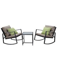 Kozyard Moana Outdoor 3 Piece Rocking Wicker Bistro Set Two Chairs And One Glass Coffee Table Black Wicker Furniture Taupe Cushion Lime Stripe Pillow