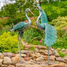 Teal Crane Metal Garden Figurines