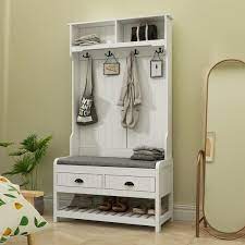 Fufu Gaga 68 5 In White Wood 3 In 1 Hall Tree Coat Rack Storage Bench With 4 Metal Double Hooks And 2 Drawers Shelves