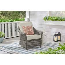 Hampton Bay Chasewood Brown Wicker Outdoor Patio Stationary Lounge Chair With Cushionguard Biscuit Cushions