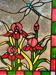 Pink Irises Stained Glass Window Panel