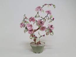 Pink Glass Bonsai Tree In Pottery Bowl