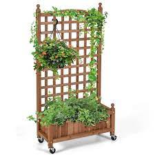 Costway 50in Wood Planter Box W Trellis Mobile Raised Bed For Climbing Plant