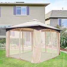 Outsunny 10 X 12 Soft Top Gazebo Canopy Outdoor With Double Roof Eaves Design And Mesh Netting Sidewall
