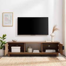58 In Mocha Wood Mid Century Modern Tv Stand With 2 Reeded Doors Fits Tvs Up To 65 In