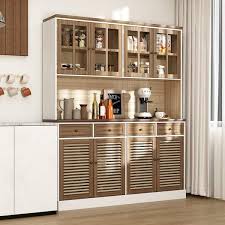Wiawg Brown Wood 61 3 In W Kitchen Food Pantry Cabinet Louvered Door Style With Hutch Glass Doors Adjustable Shelves
