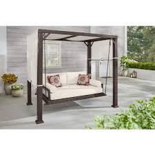 Hampton Bay 61 In Metal Wicker Patio Daybed Swing With Almond Biscotti Cushions