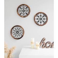 Rustic Wall Decor 3 Pack Round Wall Art Geometric Scrolled Metal With Wood Frame Farmhouse Hanging Decoration Wall Art Brown