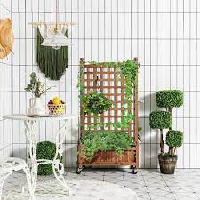 Large 50 In H Natural Firwood Planter Box With Trellis Mobile Raised Bed For Climbing Plant