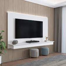 White Wall Mounted Floating Entertainment Center Fits Tv Up To 65 In Tv Wall Panel With Led Strip And Shelf