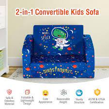 2 In 1 Convertible Kids Sofa With Velvet Fabric Blue Costway