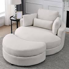Magic Home 51 In Swivel Accent Barrel Sofa Linen Fabric Lounge Club Big Round Chair With Storage Ottoman And Pillows Beige
