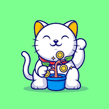 Cute Lucky Cat With Coin Gold Plant