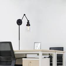 Hampton Bay 1 Light Black Plug In Or Hardwired Swing Arm Wall Lamp With 6 Ft Fabric Cord And Glass Shade