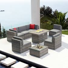 Sizzim 8 Piece Wicker Patio Set Conversation Set With 44 In Fire Pit Coffee Table Grey Cushion