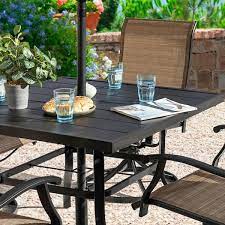 5 Piece Steel Sling Outdoor Patio Dining Set With Square Table And Swivel Dining Chairs In Brown