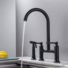 Flg Double Handle Bridge Kitchen Faucet With Side Sprayer 304 Stainless Steel Deck Mount Kitchen Sink Faucet In Matte Black