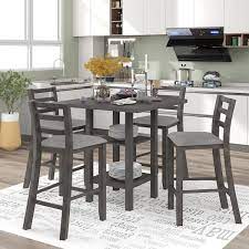 5 Piece Gray Wooden Counter Height Dining Table Set Seats 4 Square Ta