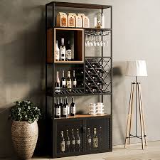 Industrial Tall Black Bar Wine Rack Cabinet With Glass Holder Wood 5 Tier Home Bar Cabinet