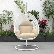 Leisuremod White Wicker Hanging Egg Swing Chair Taupe