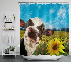 Funny Cow Shower Curtain With Sunflower