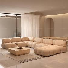 200 In Flared Arm Teddy Velvet U Shaped 7 Wide Seats Rectangle Sectional Sofa Couch With Ottoman In Beige