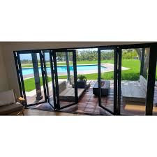 216 In X 96 In Center Opening Outswing Double Tempered Glass Black Aluminum Folding Patio Door