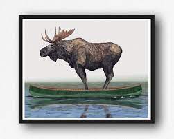 Moose In Canoe 11x14 Print Rustic