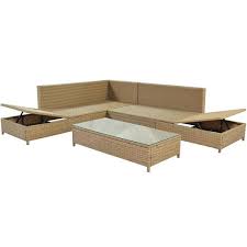 3 Piece Natural Brown Wicker Outdoor Sectional Set With Beige Cushions