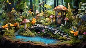 Fairy Garden With A Bridge And A Pond