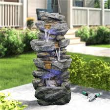 40 In Tall Outdoor Resin Floor Rock Waterfall Fountain With Lights